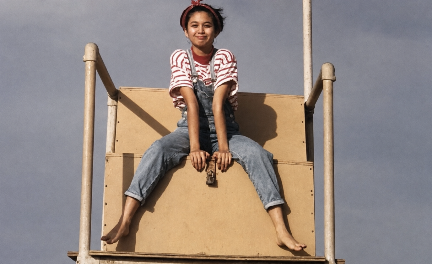 A young girl sitting high on a wooden platform against a soft blue sky