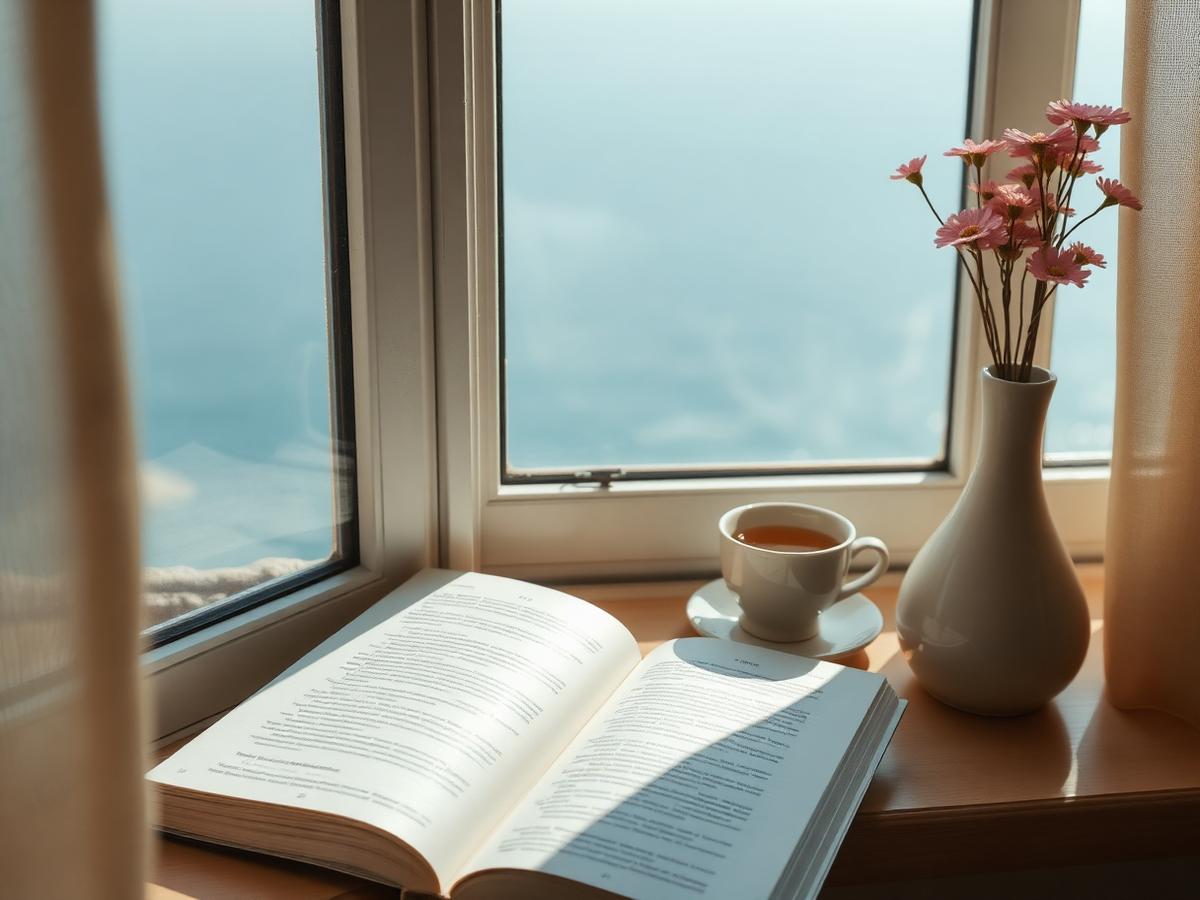 A relaxed coastal scene with books, music and warm light