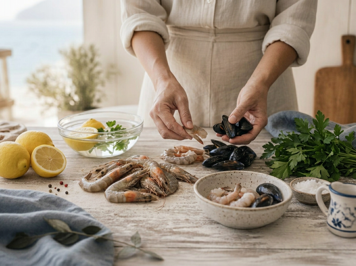 A woman's hands preparing fresh seafood on a pale wooden kitchen table
