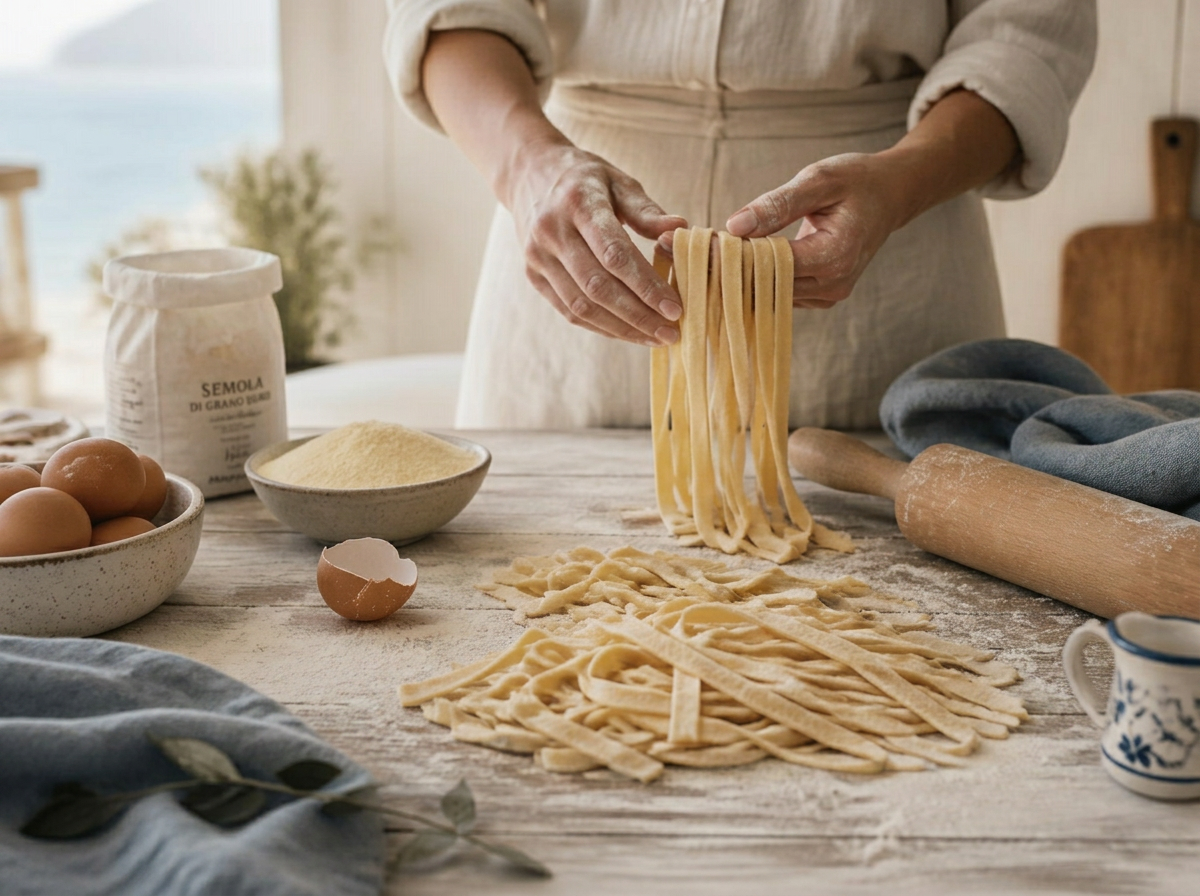A woman's hands making fresh pasta on a flour-dusted wooden table