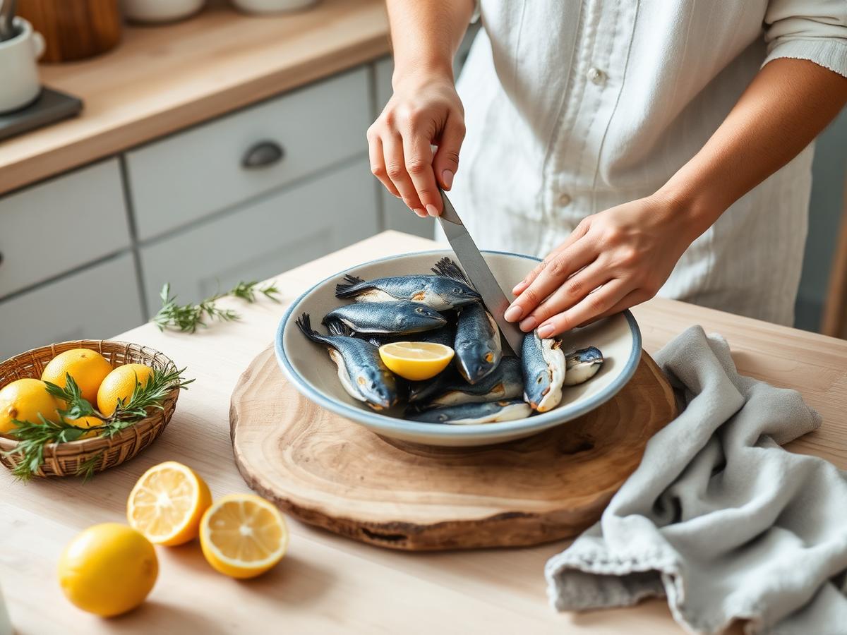 Fresh seafood and lemons being prepared on a light wooden table