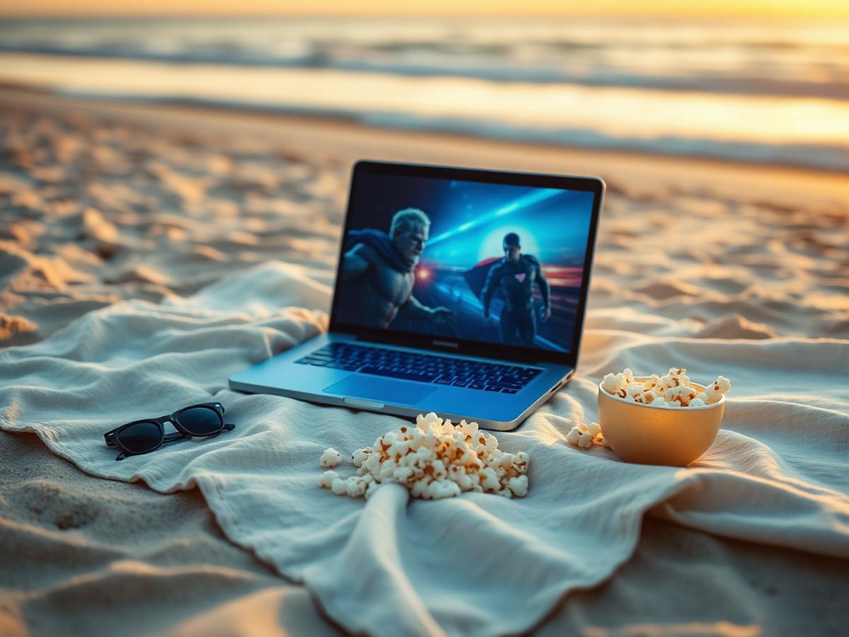 A laptop playing a superhero movie on a linen blanket in the sand at sunset