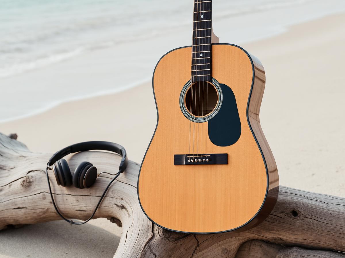 An acoustic guitar and headphones resting on driftwood by the shore