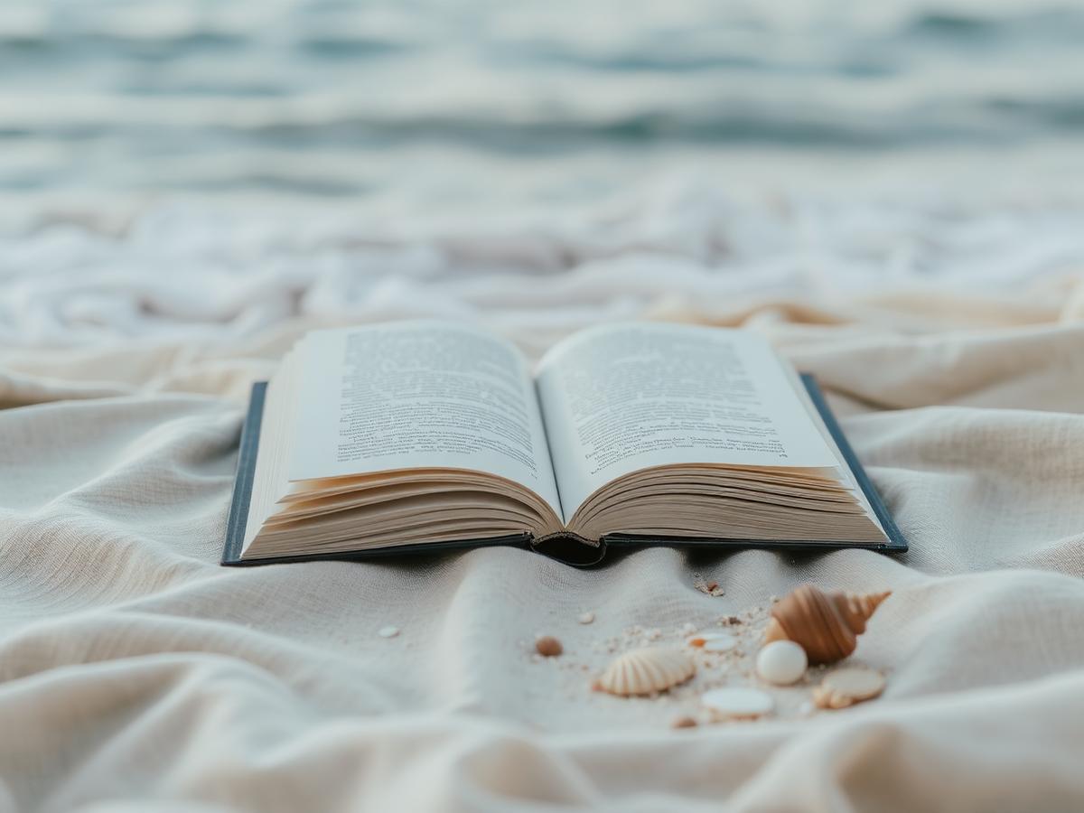 An open book on a linen blanket beside shells and soft ocean water