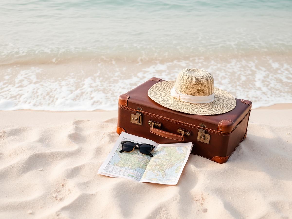 A vintage suitcase, straw hat and map resting on pale sand by the surf
