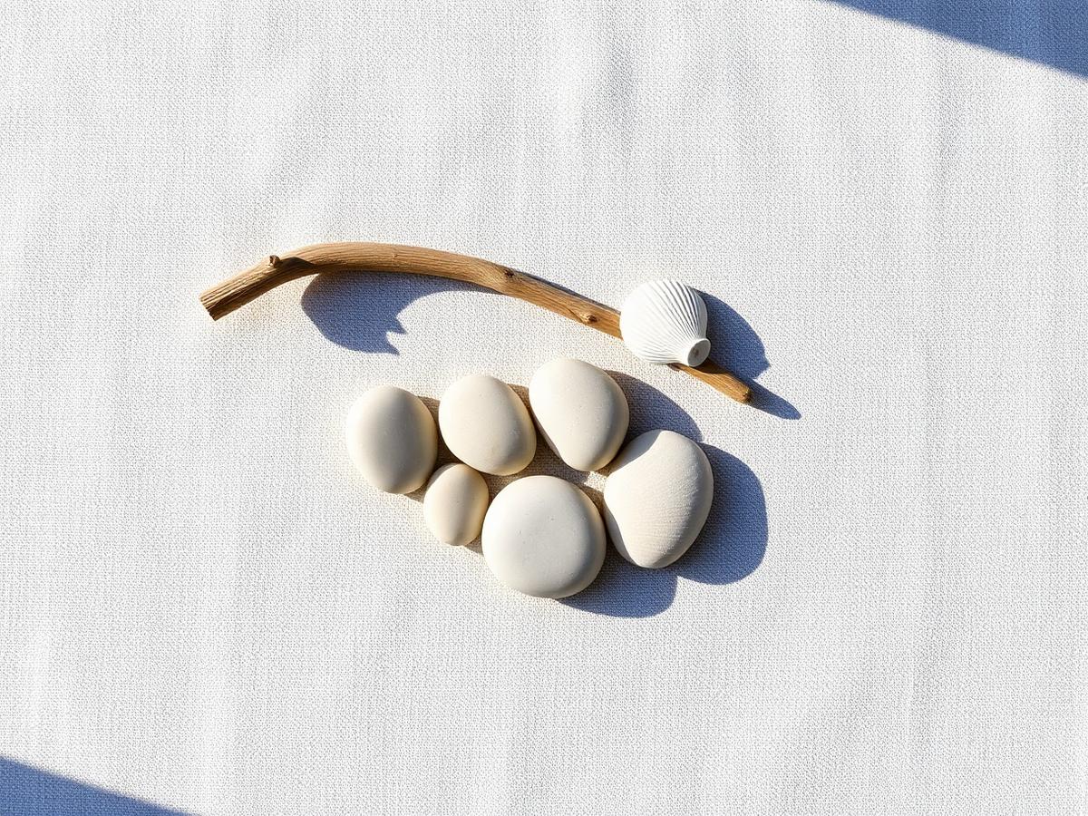 Driftwood, shells and smooth stones arranged on pale linen
